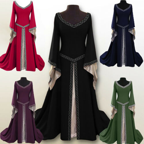 Women Halloween Gothic Witch Dress Victorian Renaissance Medieval Maxi Dress UK