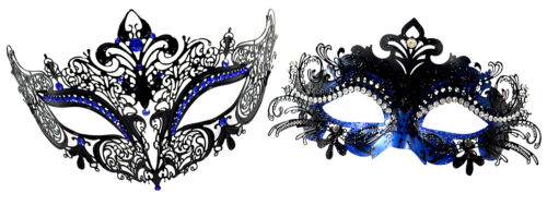 Beautiful Couple Black and Blue Masquerade Mask with Clear and Blue Rhinestones 