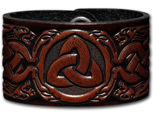 04 Braun-Antik con pulsador Pulsera de cuero 40mm celta Trinity con los dragones