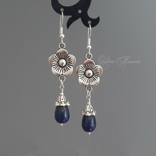 Lapis Lazuli Long Drop Teardrop Flower Floral Earrings 925 Sterling Silver Hook