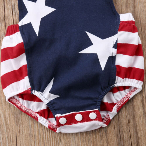 NWT Baby Girls Patriotic 4th of July Stars Stripes Blue Romper Jumpsuit Outfit