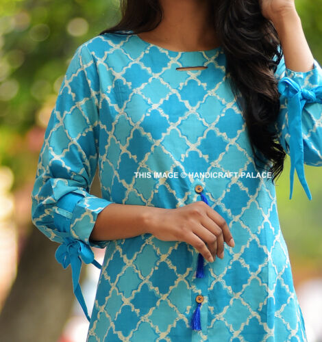 Indian Blue Bollywood Pakistani Rayon Printed Women Kurta Kurti Top Tunic S-2XL 