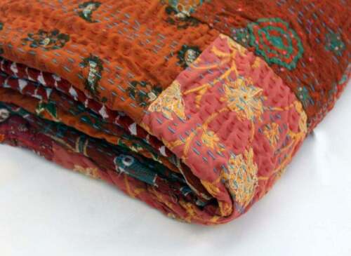 Vintage Silk Kantha Quilt Bedspread Khambadiya Patchwork Blanket Bedding Throw
