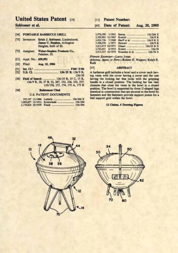 Barbeque BBQ Charcoal Propane Gas 343 Official Weber Grill US Patent Art Print
