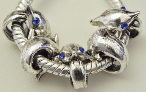5 Blue Eye Dolphin Antique Silver Charm European Jewelry 11 12 & 5mm Hole R121 