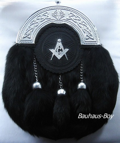 KILT SPORRAN BLACK RABBIT CELTIC CANTLE EMBOSSED TARGE MASONIC CREST FOR KILTS