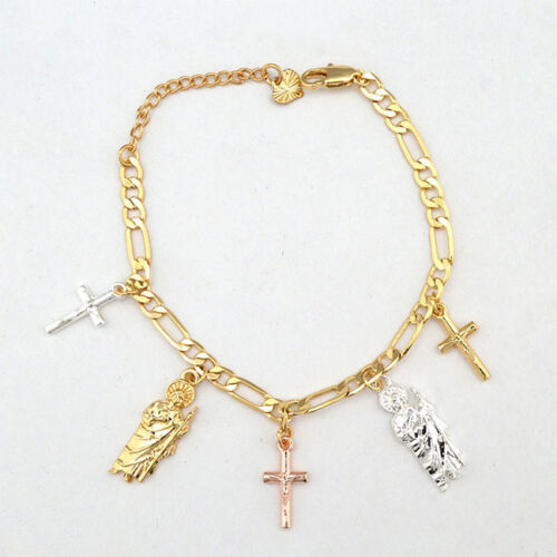 14k Gold Plated 3-Tone San Judas Cross Dangling Charms Bracelet with Extension 