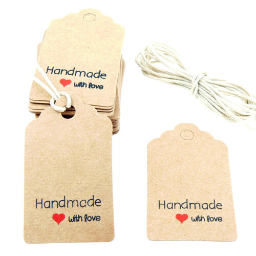 20 Handmade with Love Cadeau Tag Label Et Cordon-Blanc Ou Marron-UK Vendeur