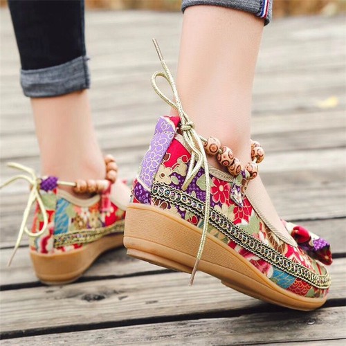 Women/'s Canvas Casual Flat Shoes Beaded Floral Round Toe Loafers Comfy Walking