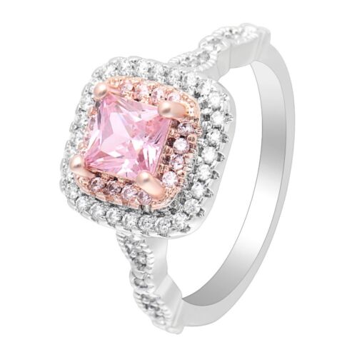 Sterling Silver Plated CZ Pink Princess Cut Halo Fashion Engagement Ring Sz 5-10