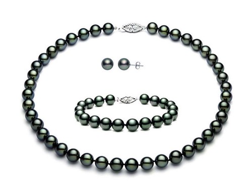 8mm//10mm black shell pearl fashion bracelet earring necklace jewelry set 18/'/'