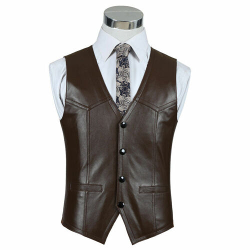 Men s Coat Jacket Leather Vest Waistcoat Biker Casual Slim Fit Lambskin Brown 10 