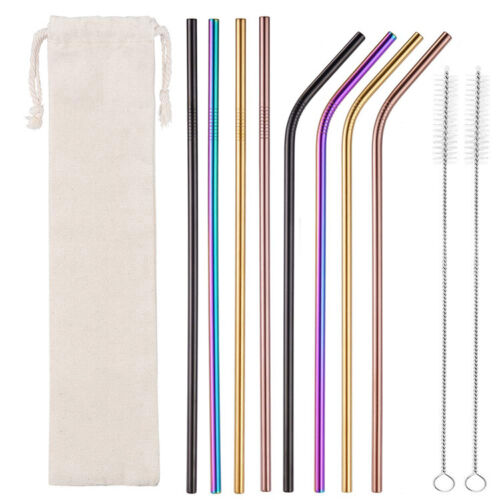 2 Brush & Eco Pouch 8x Stainless Steel Reusable Extra Long Metal Drinking Straw 