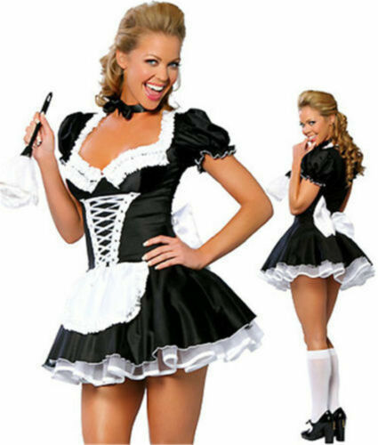 Hot  Satin French Maid Adult Uniform Fancy Dress Costume Hen Party Outfit UK 