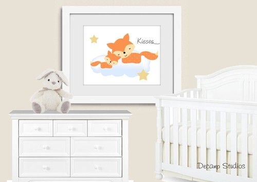 Woodland Animal Nursery Prints Baby Girl Boy Wall Art Moon Star Cloud Kids Room