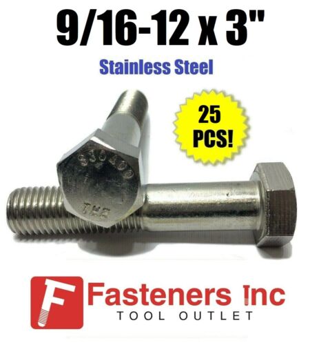 Bolt 18-8 Qty 25 9//16-12 x 3/" Stainless Steel Hex Cap Screw 304