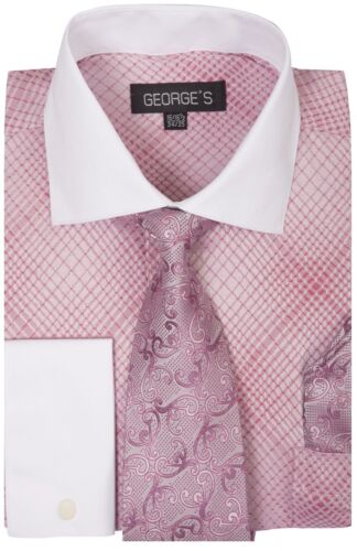 Checks French Cuff Dress Shirt w// Tie and Hanky Set #624 Rose Pink Men/'s Plaid