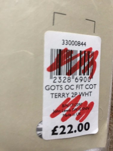 Bianco Organic Cotton Terry RRP £ 22 John Lewis due montato Lettino Fogli 60 x 120cm