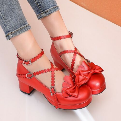 Details about   Women Lolita Mary Janes Block Mid Heel Round Toe Bowknot Shoes 46 47 48 Pumps D 