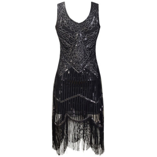New 1920s vintage gatsby flapper charleston sequin black evening dress UK 8-16