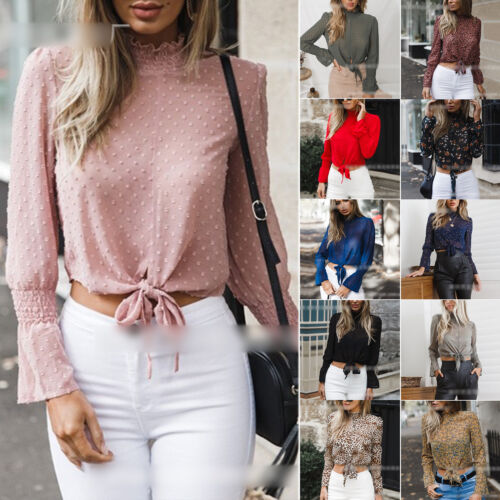 Women Chiffon High Neck Crop Tops Lady Tie Front Long Sleeve T Shirt Blouse UK