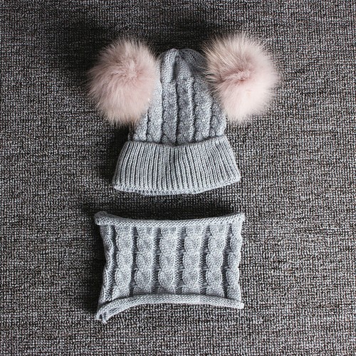 Child Baby Beanie Hat Scarf Winter Warm Double Pom Pom Bobble Knitted Cap 2PCS