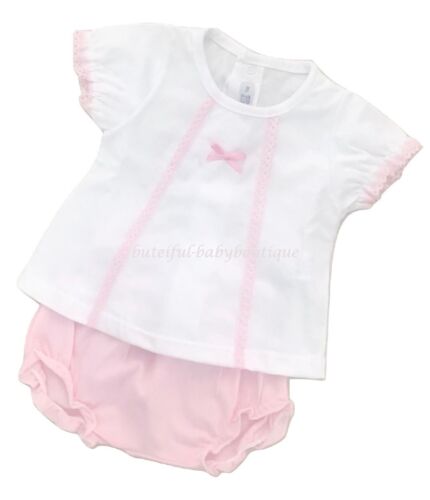 Baby Girls Spanish White Pink Lace Bow Trim Top /& Pink Jam Pants Outfit 3-6M