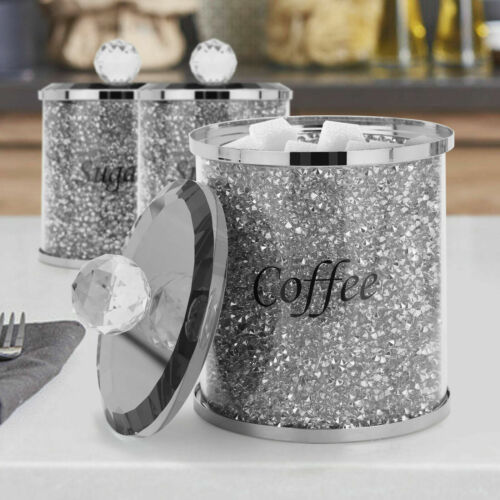 LARGE CRYSTAL TEA COFFEE SUGAR CANISTERS CRUSHED DIAMOND JARS SILVER UK SELLER