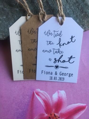 Personalised We Tied the Knot Take a Shot  Wedding Favour Tags  Thank You DFS812 