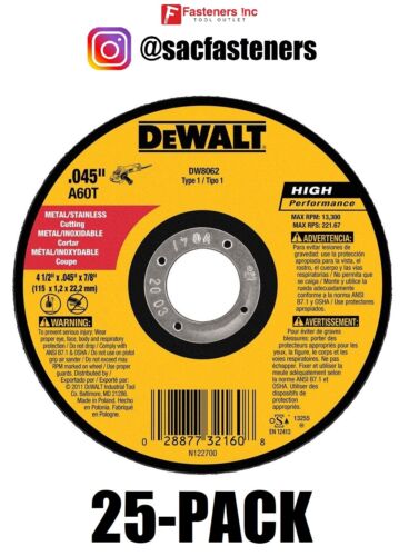 (QTY 25) DEWALT DW8062 4-1/2&#034; x .045 x 7/8&#034; Metal Cut-Off Wheel