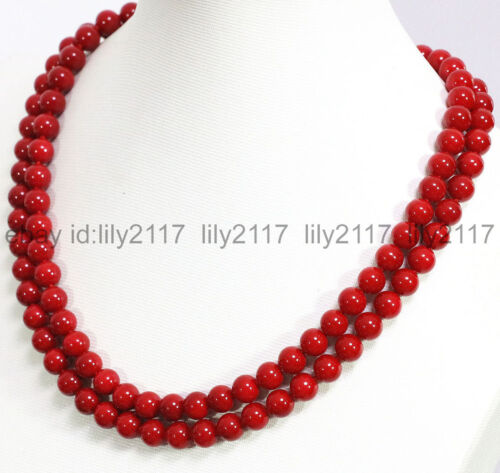 New 2 Rown 7-8mm Natural Japan South Sea Red Coral Round Beads Necklace 18-19" 