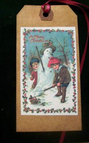 PRIMITIVE VINTAGE  SNOWMEN CHRISTMAS HANG TAGS WITH BURGUNDY RIBBON SCENTED