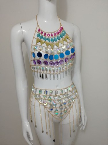 Colorful Sequins Crystal Halter Camisoles Bikini Bra Set Jewelry Body Chain New