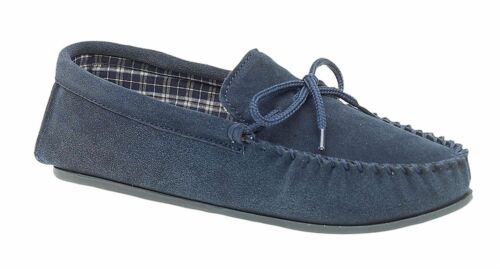 Mens Leather Suede Slippers Mokkers Slip On Moccasin Stitched TPR Sole Shoes 