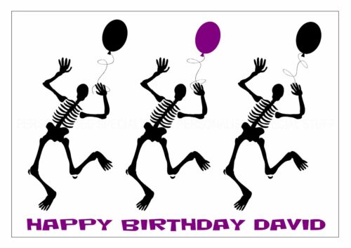 GOTH BIRTHDAY CARD PERSONALISED SKELETON BALLOONS BLACK PURPLE RED A5 MULTI