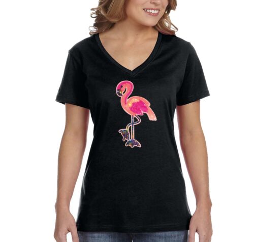 Womens Flamingo Vacation Tropical Sparkle Gift Sequin Sequined V-Neck T-Shirt 