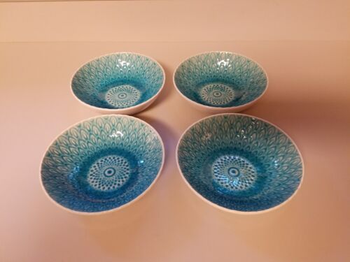 Roscher Aqua Peacock Salad Bowls Cereal Stoneware Crackle Glaze Set Of 4~NEW+ 