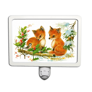 Details about  / Cute Christmas Baby Foxes with Mistletoe Vintage Style Night Light