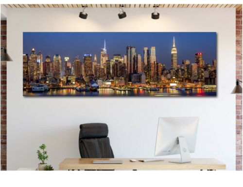 New York City Night Skyline Panoramic Picture Canvas Print Home Decor Wall Art