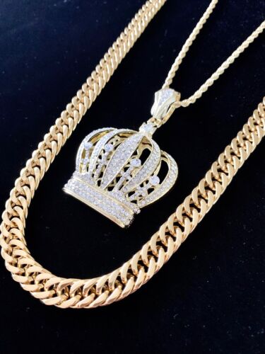 Solid 18K Gold Lab Diamonds BIG CROWN Pendant Chain Necklace *LIFETIME WARRANTY* 
