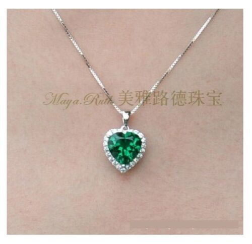 Sterling Silver Simulated Emerald Cubic Zirconia Heart Halo Pendant Necklace P25 