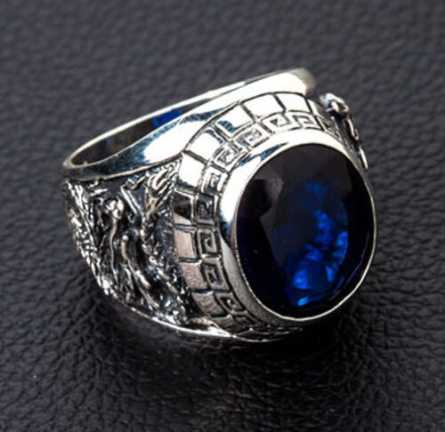 JAPANESE TIGER & DRAGON 925 STERLING SILVER MENS RING NEW SAPPHIRE BLUE ROCK 