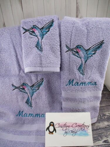 Hummingbird Watercolor Personalized 3 Piece Bath Towel Set Any Color Choice