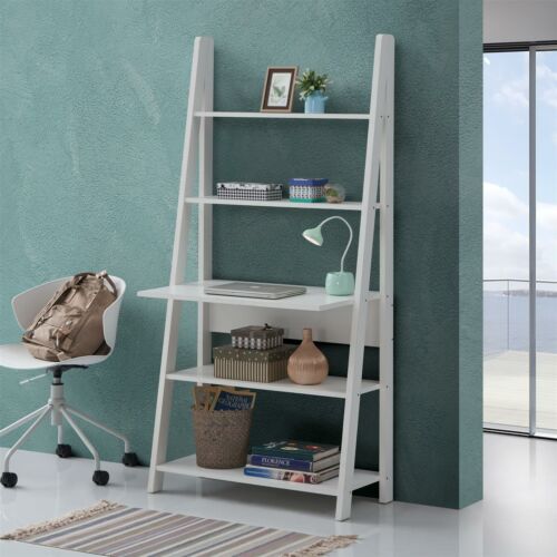 Riva Scandinavian Retro Ladder Bookcase Desk Shelving Shelf Unit White 5 Tier 