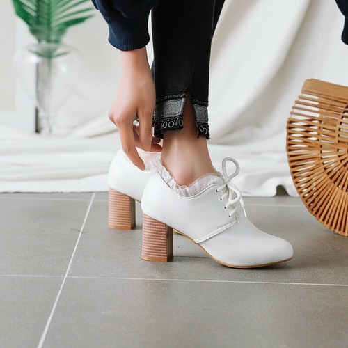 Womens Round Toe Lace Up Block Mid Heels College OL Pumps Casual Oxfords Shoes B