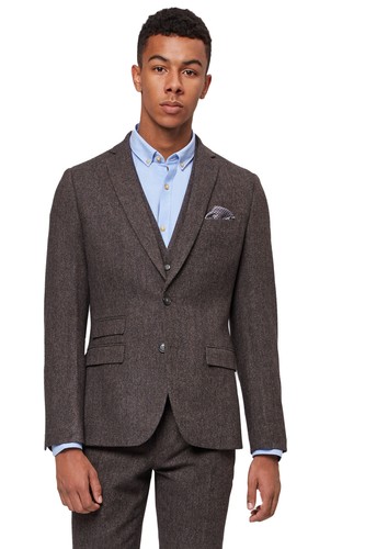 Moss Bros Mens Brown Donegal Suit Jacket 2 Button Wool Slim Fit Formal Blazer
