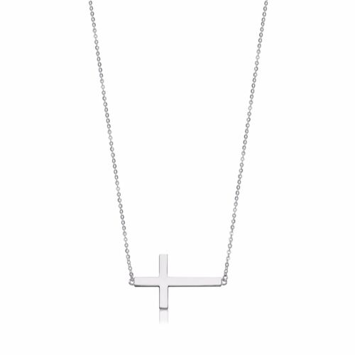 14K Solid White Gold Sideways Cross Pendant Rolo Chain Necklace Set -Charm Women