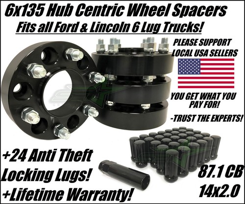 6X135 BLACK WHEEL SPACERS 2 INCH FITS FORD RAPTOR F150 EXPEDITION 24 SPLINE LUGS