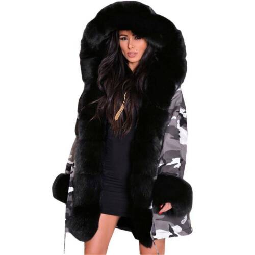 Womens Camo Printed Winter Coat Padded Parka Faux Fur Lined Warm Jacket Overcoat