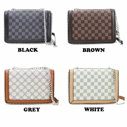 Women Check Pattern Designer Handbag Ladies Shoulder Clutch Bag Silver Bead Edge